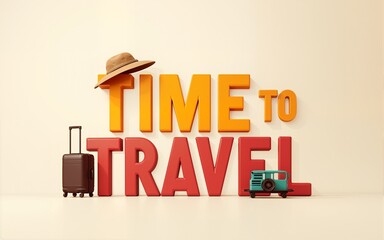 Travel time vector background design. Time to travel text with 3d luggage bag, sunglasses and hat tourist elements for fun and enjoy travelling. Vector illustration. High quality