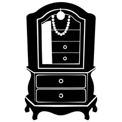Black silhouette of a vintage jewelry cabinet with drawers and a necklace
