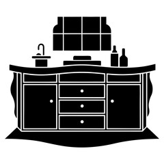 Black and white illustration of a kitchen vanity with sink and bottles