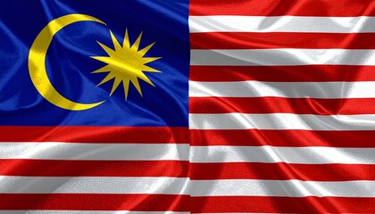 Malaysia flag with 14 red-white stripes, blue canton, yellow crescent and 14-point star.
