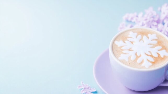 Warm coffee with snowflake design sits on purple saucer against light background
