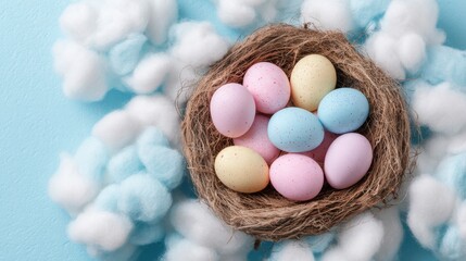 A nest filled with pastel Easter eggs sits among soft cotton clouds creating a charming spring scene.