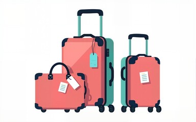 Wheel luggage for travel. Modern suitcases with handle, baggage tags and stickers. Holiday bags. Tourists packages. Flat vector illustration isolated on white background. High quality