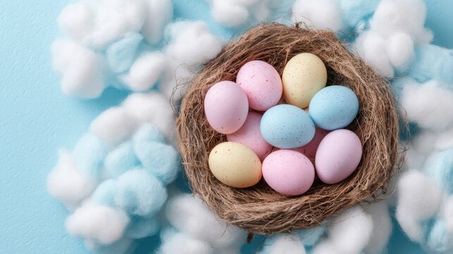 A nest filled with pastel Easter eggs sits among soft cotton clouds creating a charming spring scene.