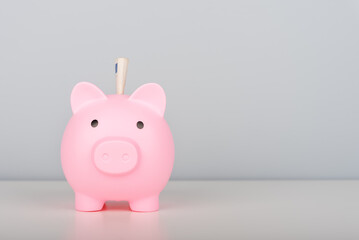 A pink piggy bank with a banknote inserted stands on the table.