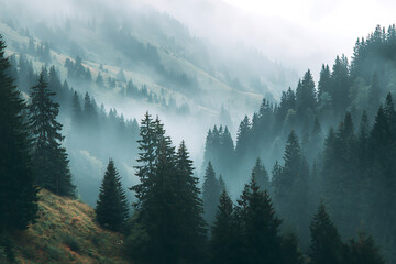 Mystical foggy forest on mountain slopes creates a tranquil, ethereal scene, perfect for nature lovers and outdoor enthusiasts seeking serene beauty