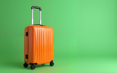 Lush orange luggage ready for going travel on green background, with copy space, bright color backgrounds. High quality