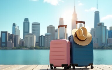 Two luggage with a business trip as hat ,Holiday image of city building background, Summer travel concept. High quality