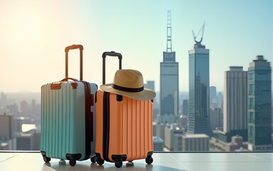 Two luggage with a business trip as hat ,Holiday image of city building background, Summer travel concept. High quality