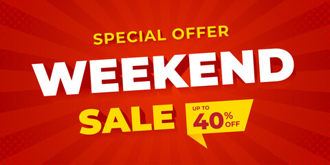 Weekend Sale banner template with red comic sunburst background, up to 40% off, suitable for sale promotion, shopping, marketing ads, events, and websites