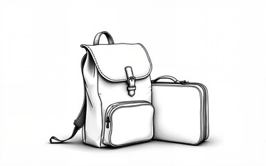 Continuous one line drawing of an vintage backpack and suitcase. Backpack and suitcase isolated on a white background. Vector illustration. High quality