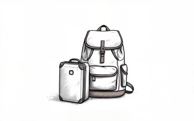 Continuous one line drawing of an vintage backpack and suitcase. Backpack and suitcase isolated on a white background. Vector illustration. High quality