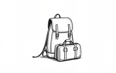 Continuous one line drawing of an vintage backpack and suitcase. Backpack and suitcase isolated on a white background. Vector illustration. High quality