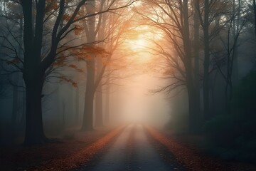 Sunlit misty forest road with tranquil mood representing early-morning journey against a foggy tree-lined path