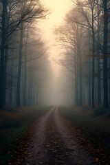 Misty woodland path in melancholic mood representing seasonal transition against a fog-filled tree corridor
