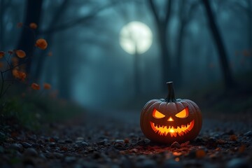 carved jack-o'-lantern menacing grinning glowing on a misty forest path