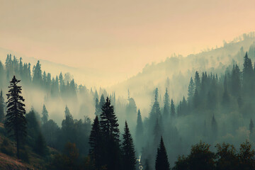 Majestic misty forest landscape with evergreen trees fading into the distance, perfect for travel blogs, nature documentaries, or serene outdoor campaigns