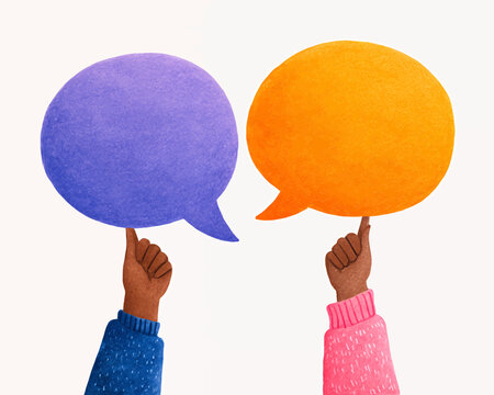 Duas m&atilde;os segurando bal&otilde;es de fala coloridos, representando comunica&ccedil;&atilde;o e di&aacute;logo em vetor