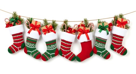 A festive Christmas decoration scene featuring a row of colorful Christmas stockings hanging from a string isolated on white