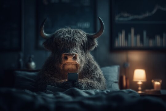 Charming bull's smartphone encounter at night. Bull's tech discovery. The fine line between crypto gains and brutal losses. Bull and smartphone. Is crypto profitable.