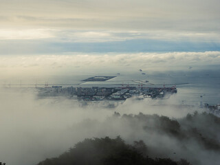 雲海に覆われた六甲の山並みと神戸市街地