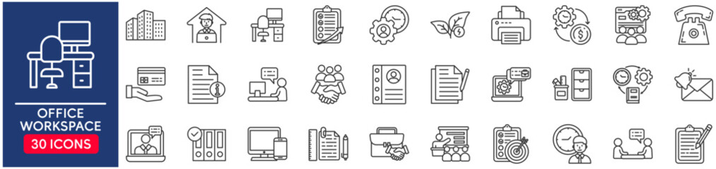 Office workspace set of web icons in line style. vector illustration concept relate to workplace, business, table, outline, schedule, meeting