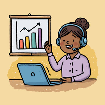 Profissional de atendimento ao cliente com headset e laptop apresenta gr&aacute;fico de crescimento em quadro.