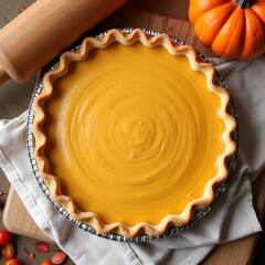 homemade pumpkin pie and decorative pumpkin in rustic style in warm orange tones used for autumn baking and holiday gatherings