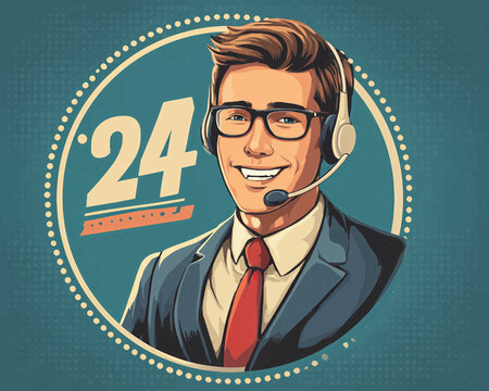 Vetor de um homem sorridente com fone de ouvido, representando atendimento ao cliente 24 horas.
