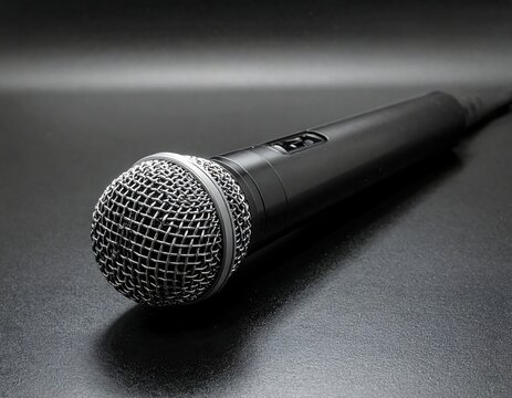 Black and white angled studio microphone on a reflective surface