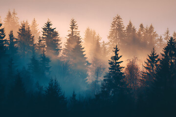 Breathtaking misty forest landscape with ethereal light filtering through tall pine trees at dawn, perfect for nature lovers and outdoor enthusiasts