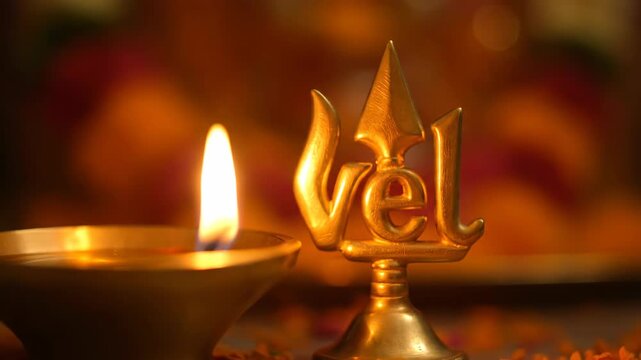 Golden Vel and Oil Lamp Illuminating Skanda Sashti Celebrations, Hindu Festival of Lord Murugan