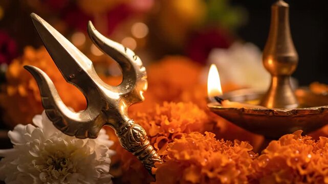 Skanda Sashti Festival Still Life with Trident, Oil Lamp, and Marigold Flowers for Devotion and Celebration