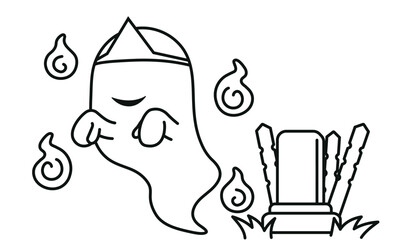 おばけと人魂とお墓のシンプルな線画イラスト