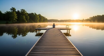 A serene scene depicting a person sitting on a wooden dock by a calm lake at sunrise. The mist rises from the water, creating a tranquil atmosphere.