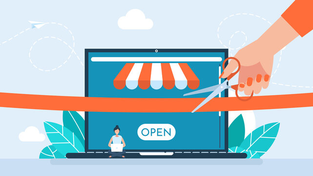 Scissor cuts red ribbon on laptop background. E-shop, new online store. Businesswoman hand uses scissors and cutting ribbon. Grand opening ceremony. Presentation and event. Flat illustration