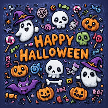 Esta ilustra&ccedil;&atilde;o vetorial vibrante e divertida celebra o Dia das Bruxas, apresentando fantasmas, ab&oacute;boras, caveiras e doces em um fundo noturno.