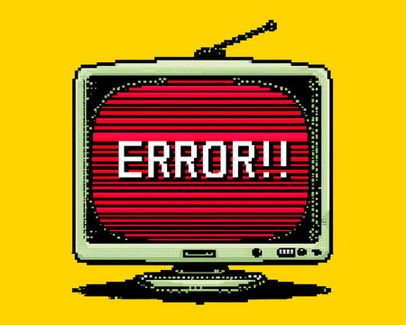 Vetor de televis&atilde;o antiga com tela de erro pixelada e antena, em fundo amarelo vibrante.