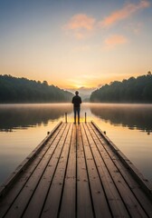 A solitary figure stands on a wooden dock, gazing at a serene lake during sunrise. The scene is enveloped in a soft mist, creating a tranquil atmosphere.