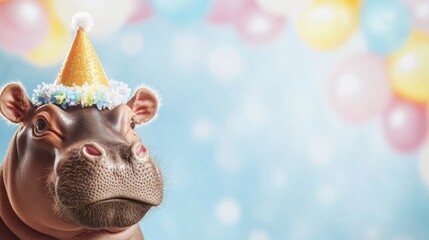 Happy hippo celebrating with a party hat in a festive setting
