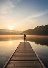 A solitary figure stands on a wooden dock overlooking a tranquil lake at sunrise. The scene captures the serene beauty of nature with mist hovering over the water.