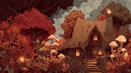 Papier peint photo Chambre de fille A cozy thatched roof cottage nestled among the vibrant foliage and glowing mushrooms of an enchanted autumn forest creating a dreamlike fairy tale inspired scene  © Prasong Takham