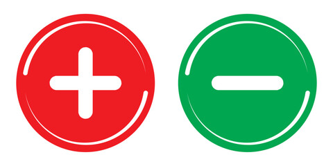 Green plus and Red minus symbols, Positive an negative solid thin line vector signs. Mathematical symbols, add, subtract, right and wrong, pros and cons. Vector Illustration.