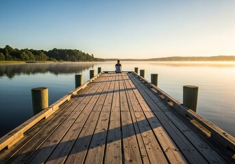 A serene wooden dock extends over a calm lake at sunrise, with a solitary figure sitting at the end. The scene captures the tranquility of nature and the beauty of early morning light.