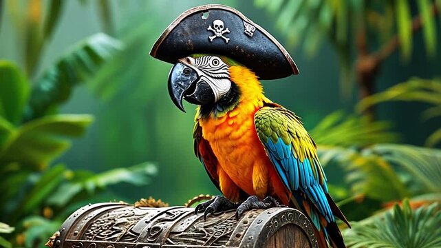 A colorful macaw parrot wearing a pirate hat sits on a treasure chest in a lush tropical setting. The scene is vibrant and playful, evoking adventure.