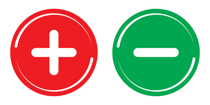 Green plus and Red minus symbols, Positive an negative solid thin line vector signs. Mathematical symbols, add, subtract, right and wrong, pros and cons. Vector Illustration.