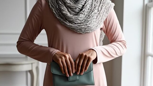 muslim female outfit - A woman wearing a soft gray hijab and a modest pink dress stands gracefully by a window, holding a stylish green handbag, exuding elegance and cultural charm