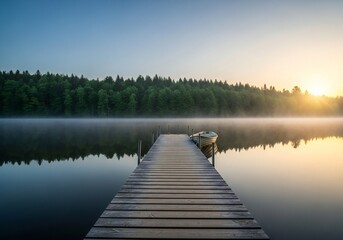 A serene wooden dock extends into a calm lake at sunrise, with a small boat moored at the end. Mist hovers over the water, surrounded by lush green trees.