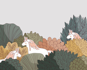 Doodle Autumn hand drawn forest and unicorns border in linear style. Fairy Fall floral background with cartoon trees and fairy animals. Vector illustration. © Toltemara