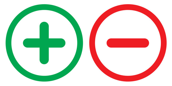 Green plus and Red minus symbols, Positive an negative solid thin line vector signs. Mathematical symbols, add, subtract, right and wrong, pros and cons. Vector Illustration.